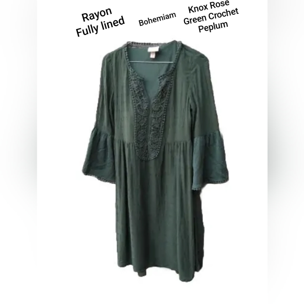Knox Rose Dress Womens XS Green Crochet Peplum Rayon BOHO Cottagecore